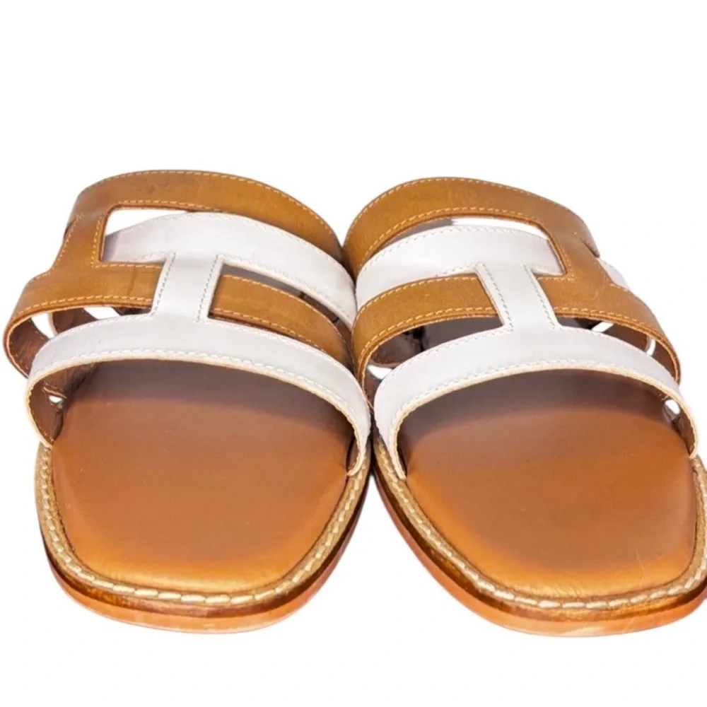 Crevo Catalina Leather H Slide Sandals Tan White Slip On Flat Sz 9.5
